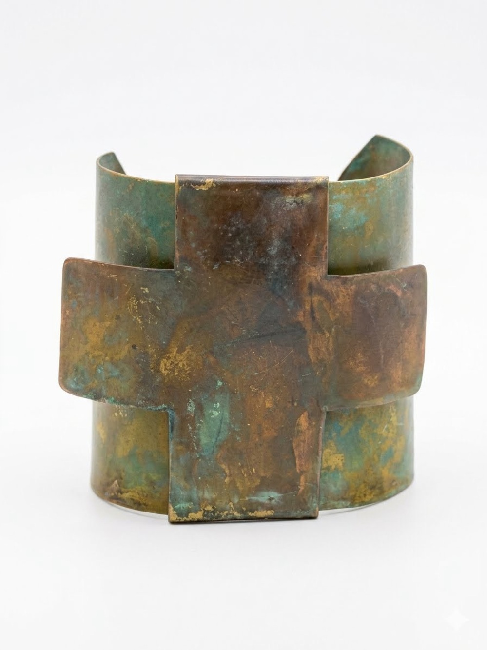Artisanal Patinated Copper Cross Cuff in Green and Brown